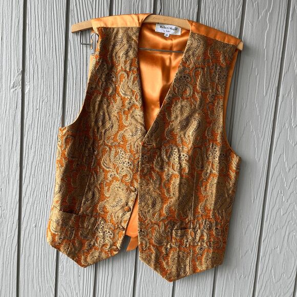 VTG 70s Robert Mager Paris Small Brocade Silk Vest Covered Buttons Adjustable - Picture 1 of 12